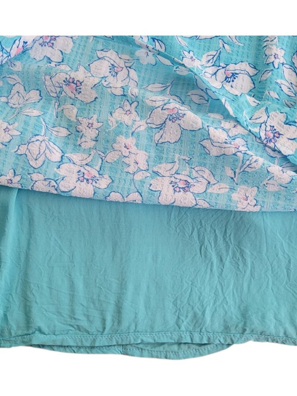 Draper James Aqua Floral Flutter Sleeve Blouse Size L Smocked Crinkle Top Summer - Picture 9 of 11